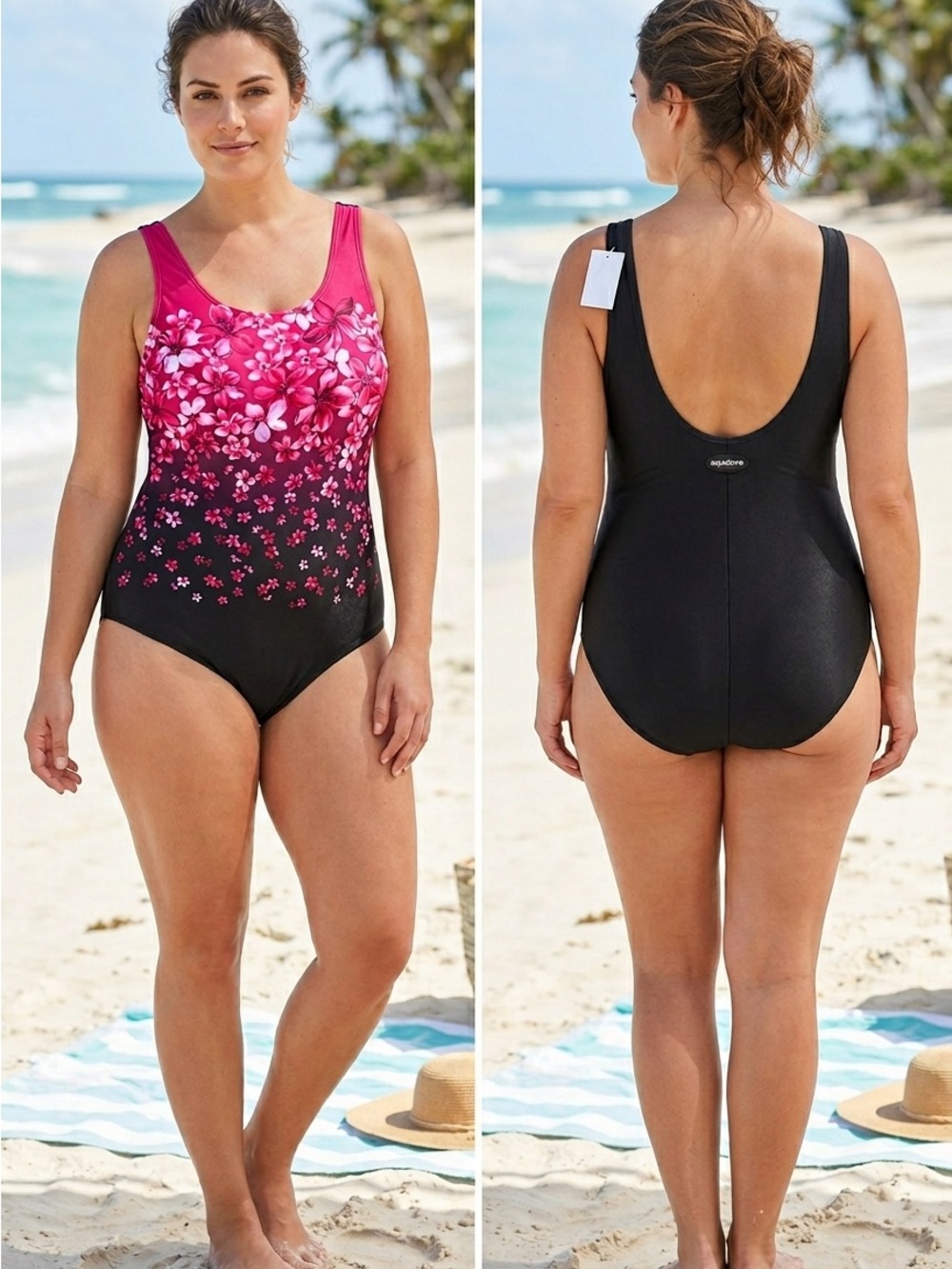 Aquamore Floral Fade Pink to Black One-Piece Swimsuit SZ 20W D Built-in Bra Line